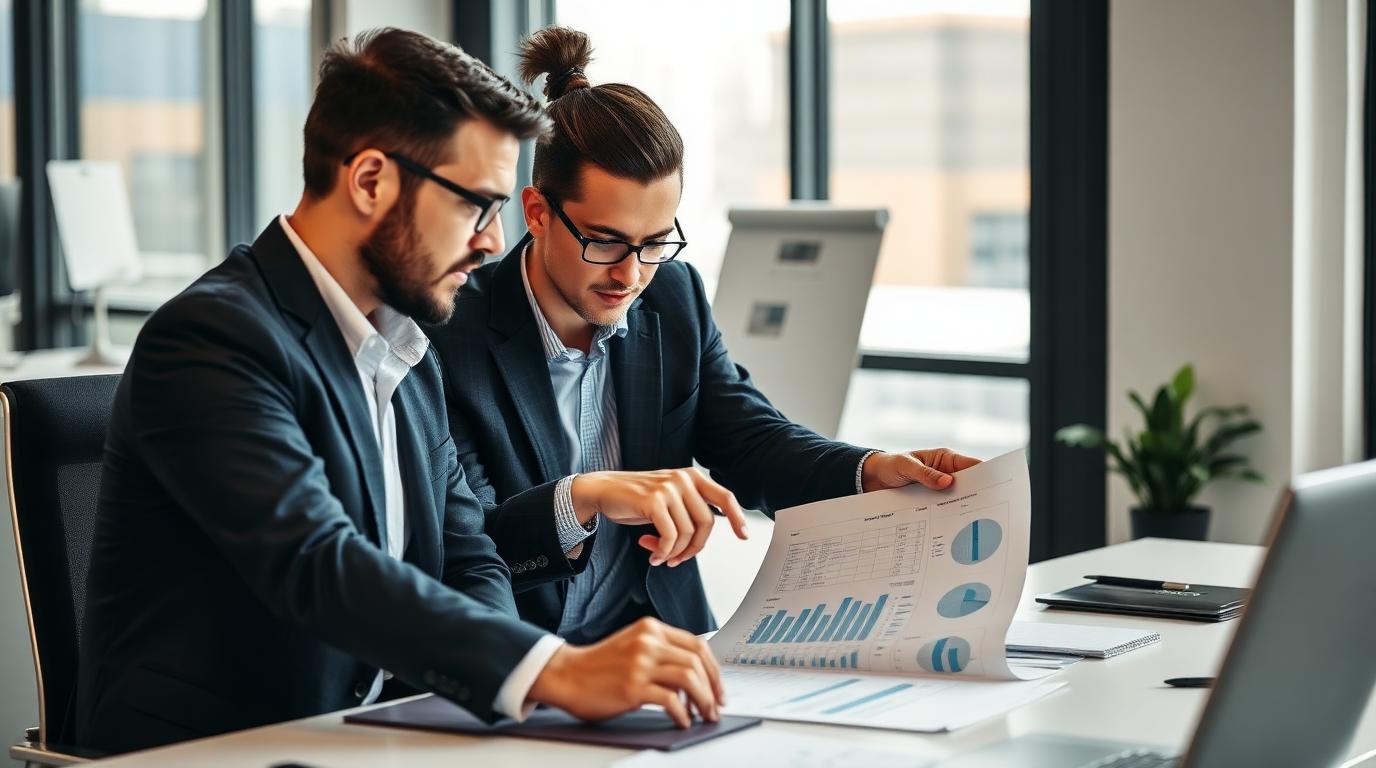 Two colleagues reviewing a chart report together at an office desk