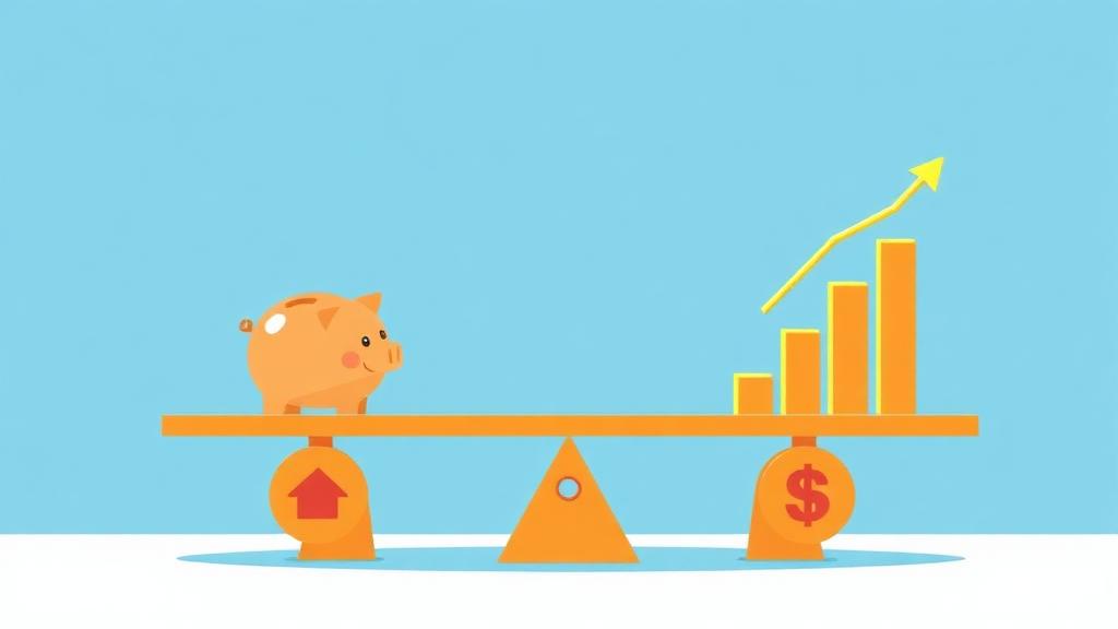 Balanced scale with coins representing the save vs invest decision